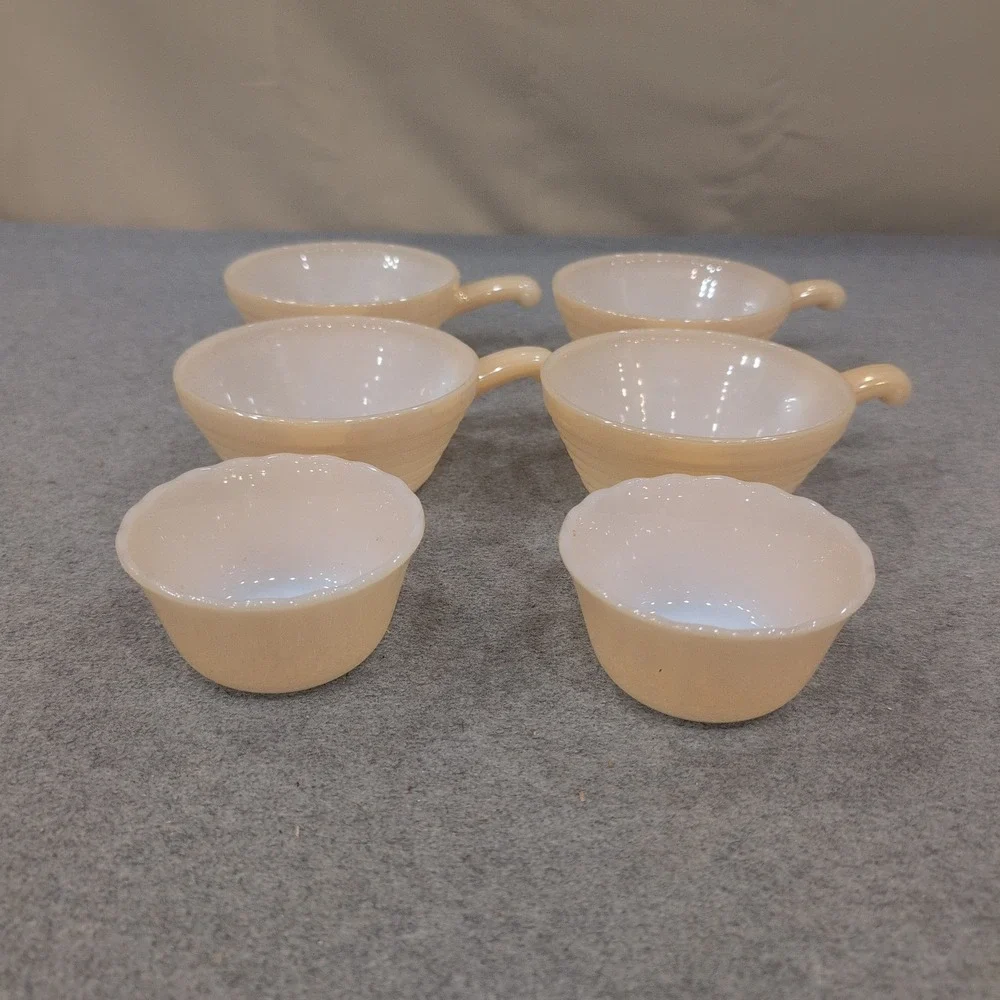 Fire King Peach‎ Luster Milk Glass Handled Chili Bowls and Custard Cups Set of 6